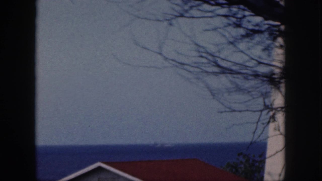 1959 Oahu 8mm frame showing a seaside view past dark framing, bare branches, a red roof, and the ocean horizon.