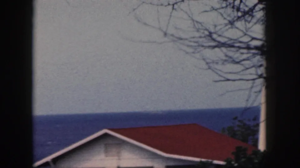 A quiet Oahu coastal view from a window, with a red-roof cottage below the blue sea horizon.