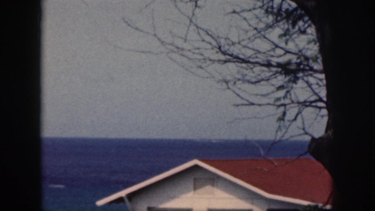 1959 Oahu home-movie frame showing a red-roof coastal house, ocean horizon, bare branches, and dark window or post framing.