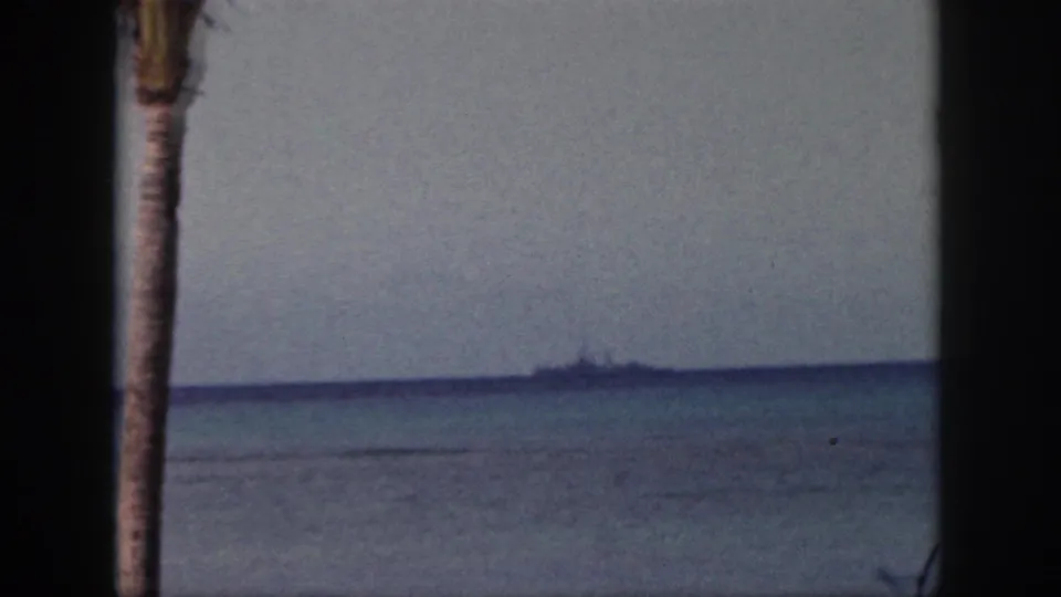 Oahu, 1959 home-movie frame showing a distant vessel offshore, with a palm trunk crossing the foreground view.