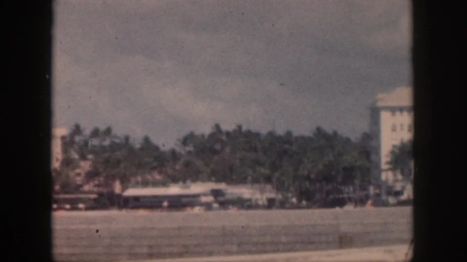 1959 Oahu shoreline view with palms, small vehicles, beachfront pavement, and part of a pale coastal building.