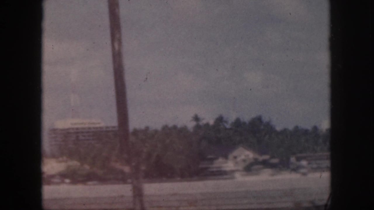 1959 Oahu shoreline with palms and distant buildings, viewed through a dark window or structural frame on 8mm film.