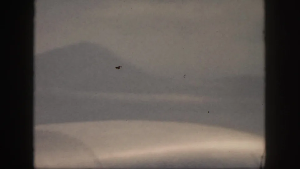 1959 Oahu coastal view with hazy water, distant mountains, dark frame edges, and small film dust marks.