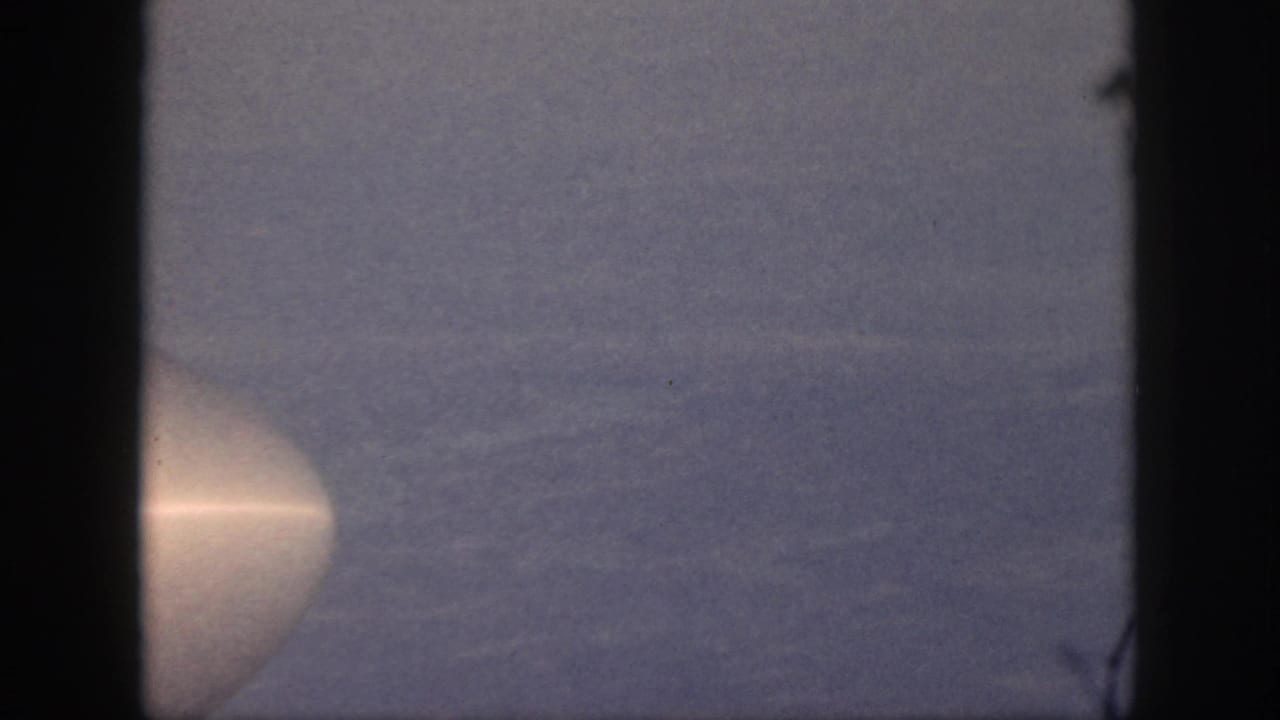 Aircraft wing tip appears at lower left beneath hazy sky in supported 1959 Oahu home-movie travel footage.