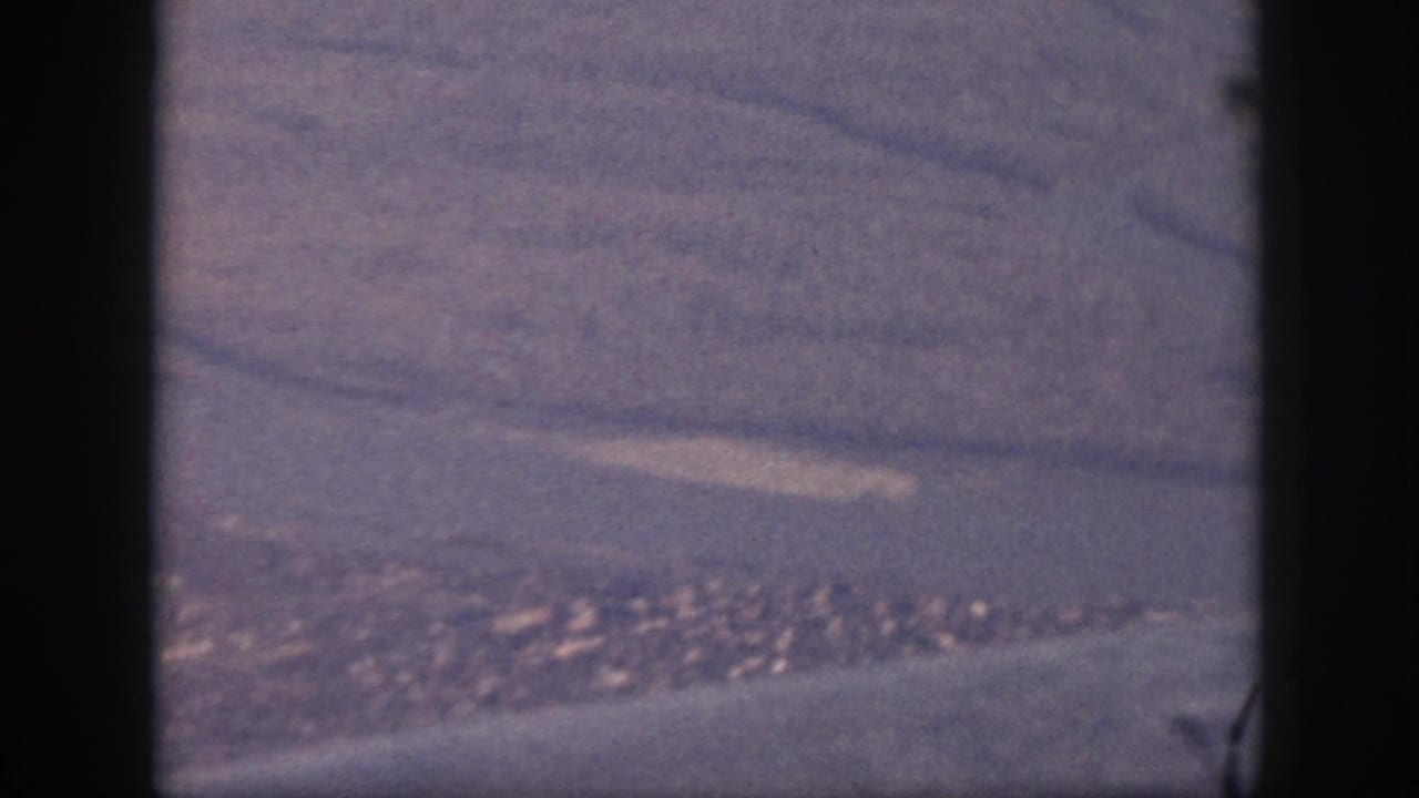 1959 Oahu aerial view from an airplane, showing shoreline, open terrain, and a distant developed area through soft 8mm film grain.