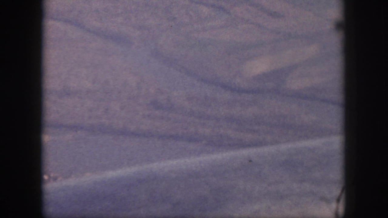 Oahu aerial view from a 1959 home movie, showing water, a faint shoreline, and inland terrain through purple-tinted 8mm grain.