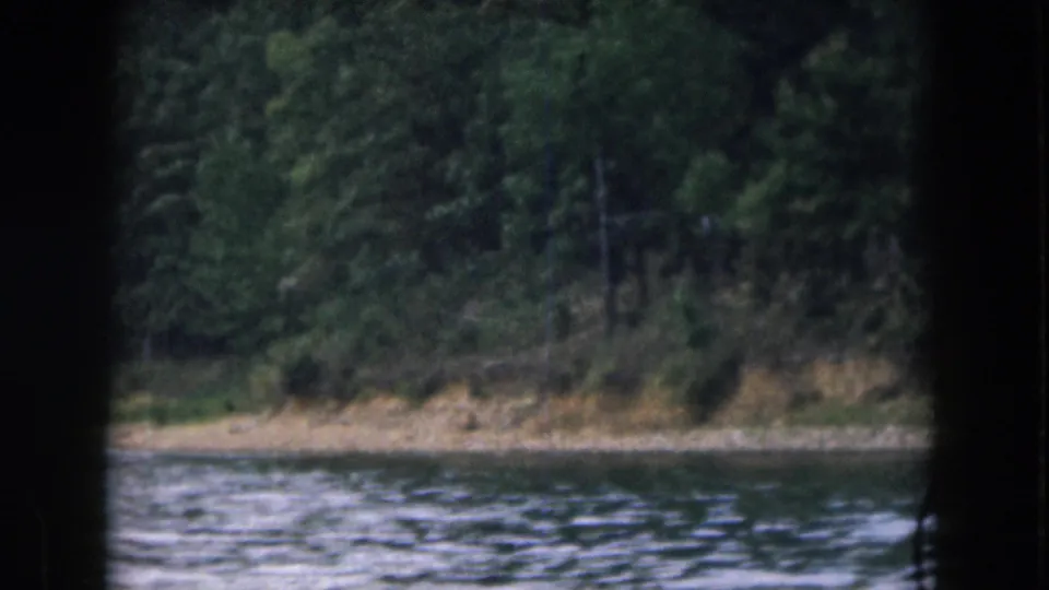 1961 Michigan lakeside home-movie view of trees, shoreline, and water through dark film gate edges.