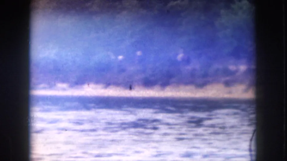 1961 Michigan home-movie frame showing small distant figures in lake water near the far shore.