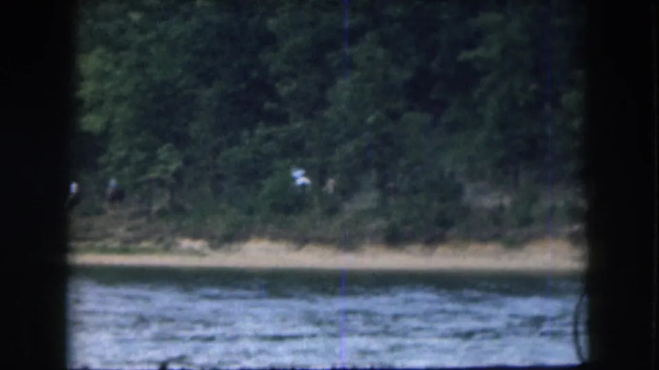 1961 Grand Rapids lake view with rippled water in front of dense trees and a distant pale figure near the shoreline.