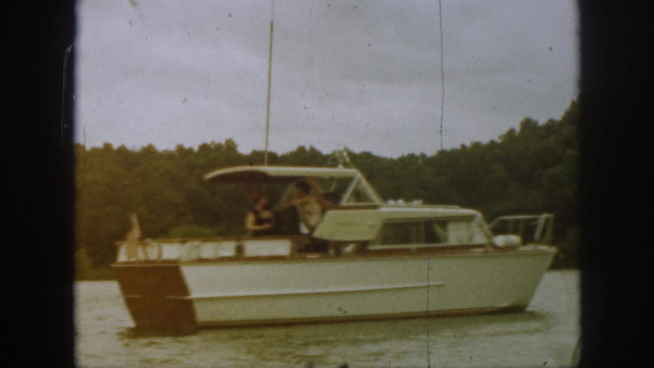 White cabin boat with canopy and stern flag cruises past a wooded shoreline.