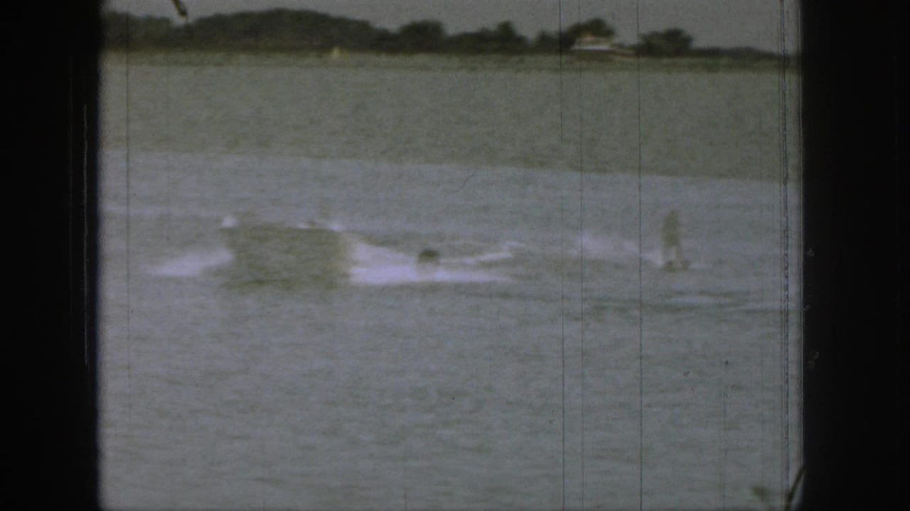 Water skier and swimmers move across a lake near a wooded shoreline.