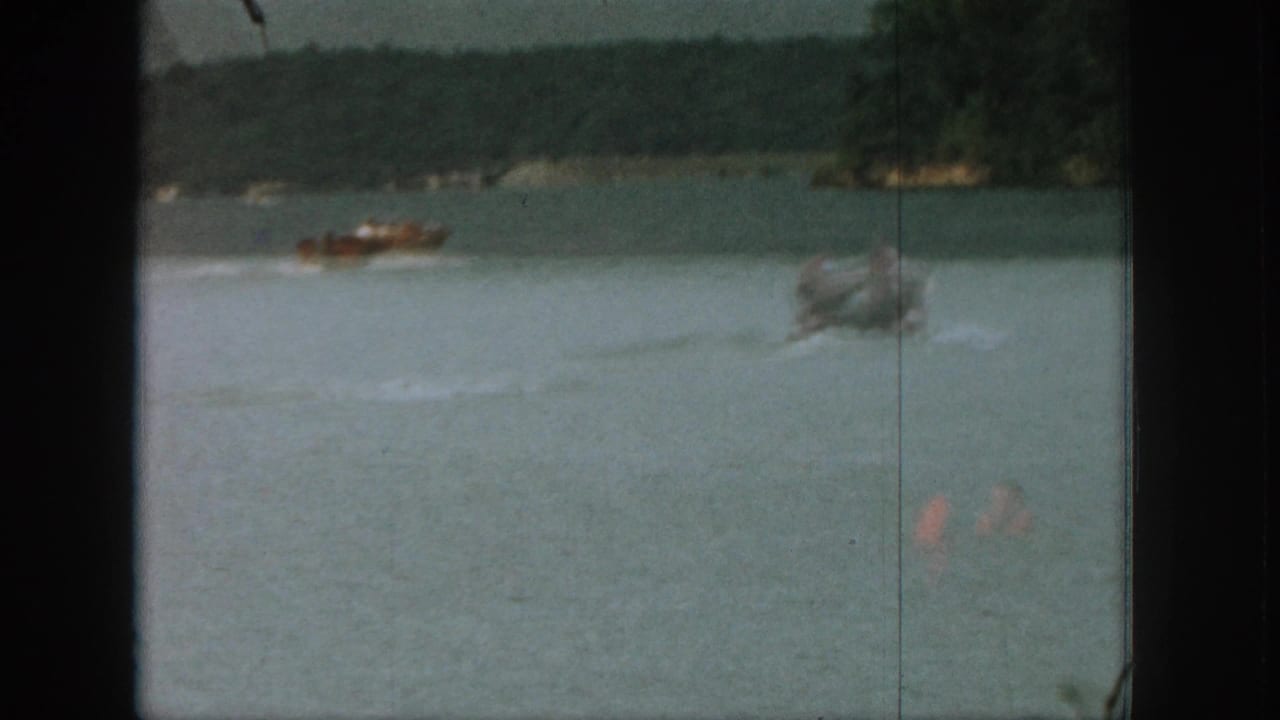 Motorboats cross a lake near swimmers and a wooded shoreline.