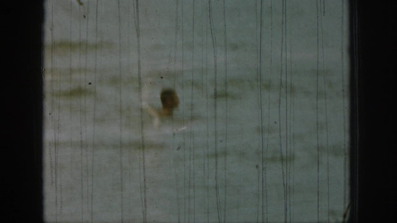1961 Michigan home-movie frame showing a distant person partly obscured by lake spray and heavy vertical film scratches.