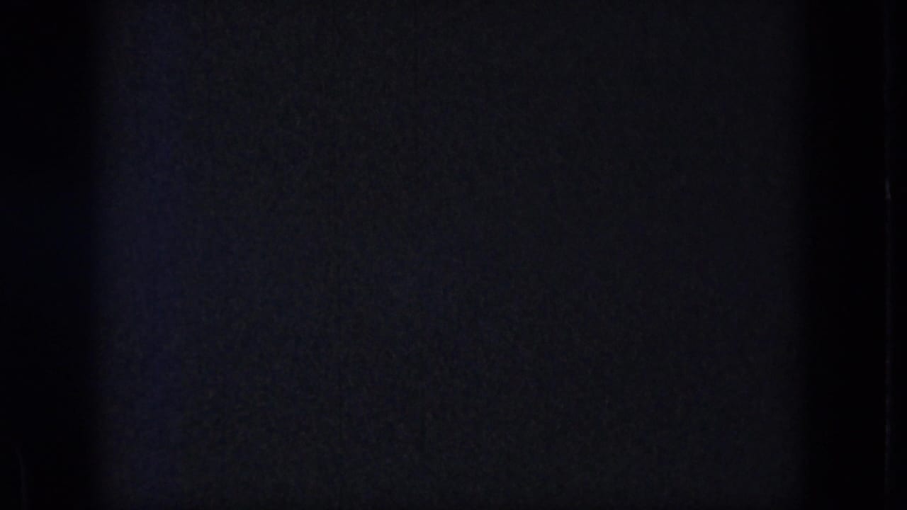 Dark 8mm home-movie frame with grain, low exposure, a small blue flare, and vertical film-edge shadows before the lake scene appears.