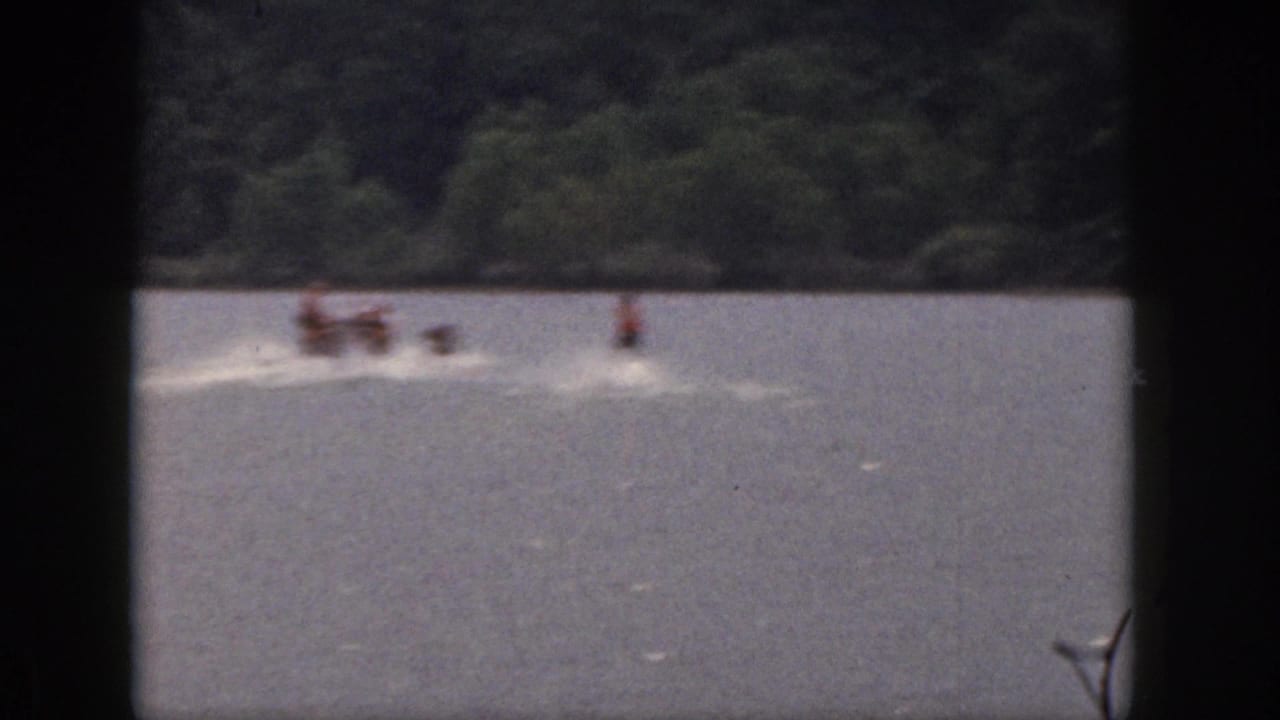 Distant skiers follow a motorboat across the lake with trees in the background.