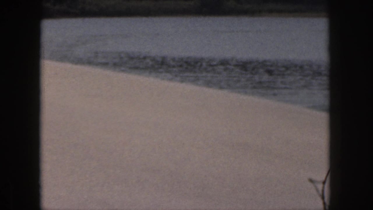 1961 Michigan lake view with pale sand, rippled water, and dark 8mm frame edges, with no clear person in this still.