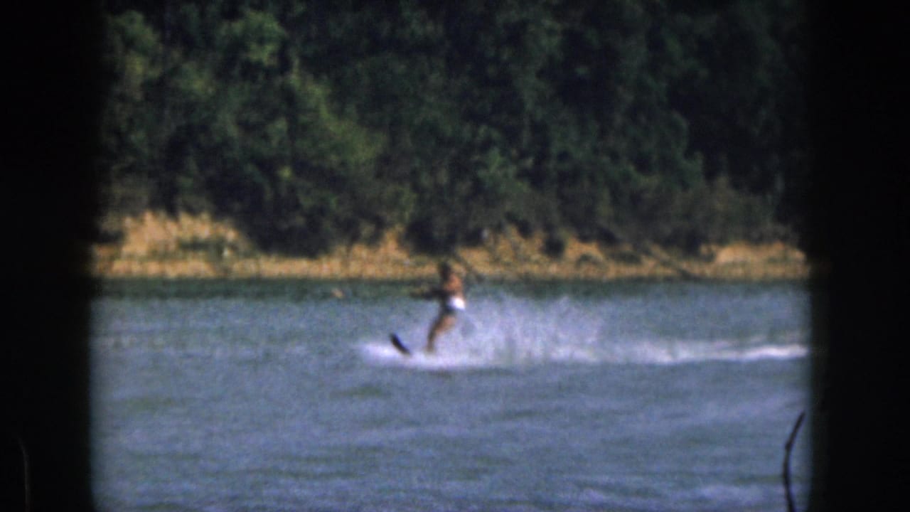 Water skier gliding past trees and sandy shoreline with spray trailing behind.