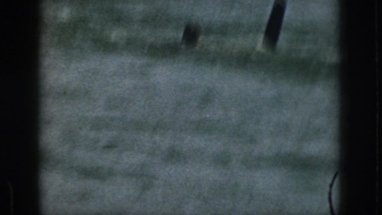 Soft, grainy 1961 Michigan 8mm frame showing lake water, dark gate borders, and a partially visible subject near the top edge.