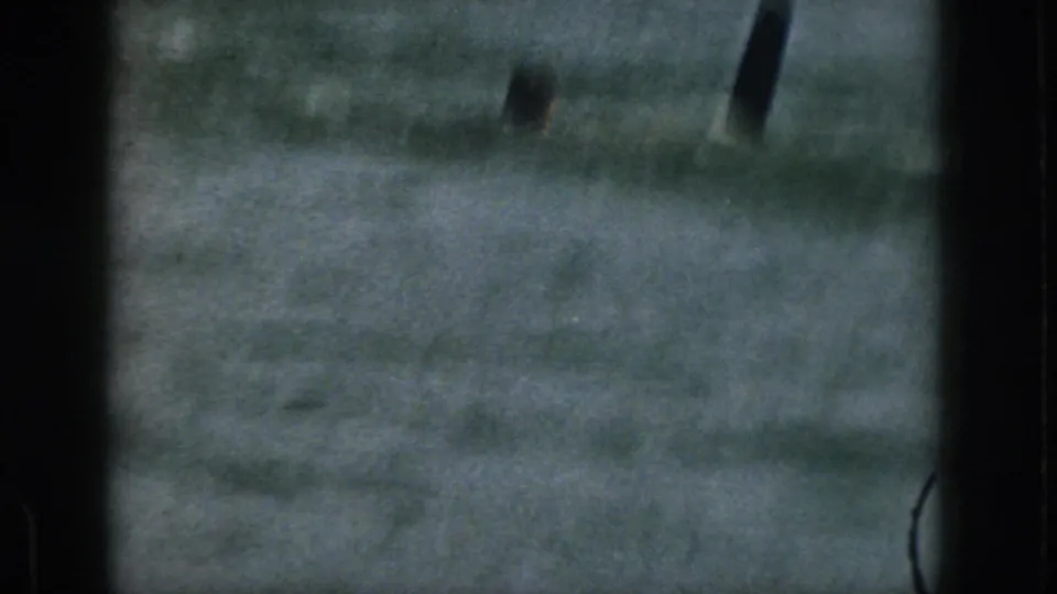 Soft, grainy 1961 Michigan 8mm frame showing lake water, dark gate borders, and a partially visible subject near the top edge.