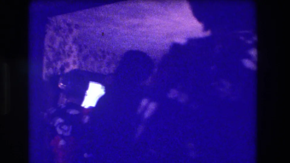 Silhouetted guests gather in a dark private interior, with a bright window or lamp and purple 8mm color shift.
