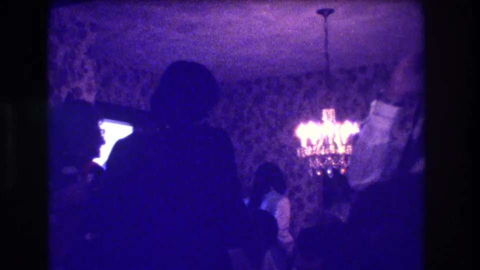 Silhouetted guests gather in a private 1973 Medford party interior, with chandelier light and patterned wallpaper visible.