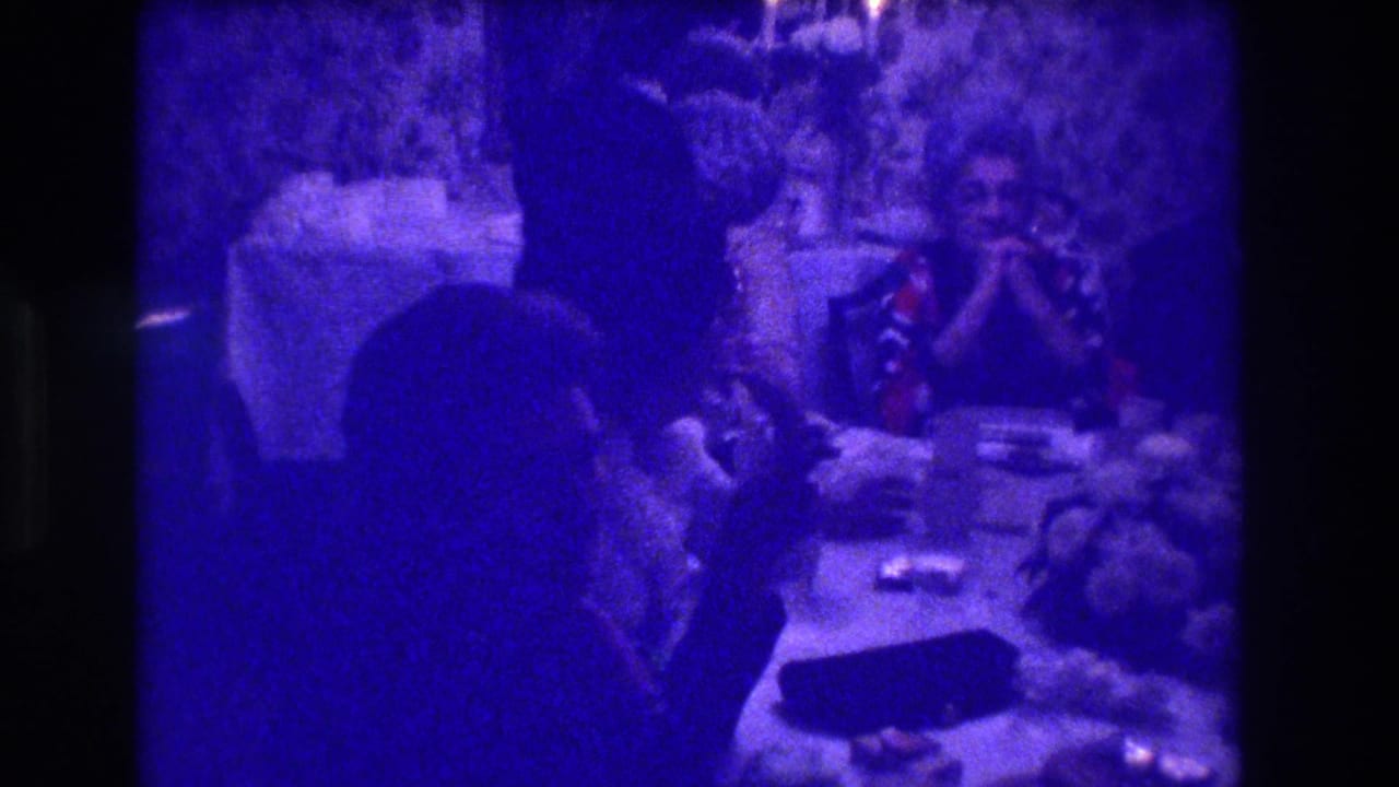Adults seated around a dining table in a dimly lit room, viewed past a large dark silhouette in the foreground, with floral wallpaper visible behind them.