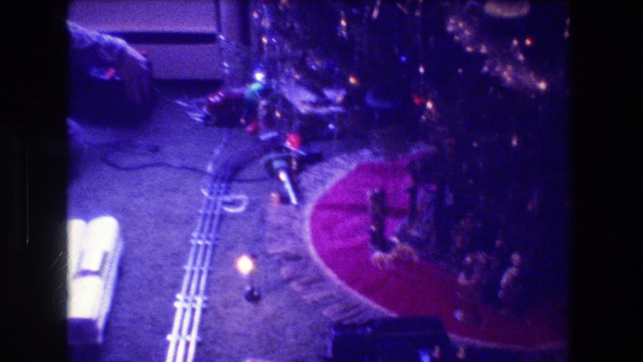 Christmas tree and model train tracks beside a red circular rug in a home interior.