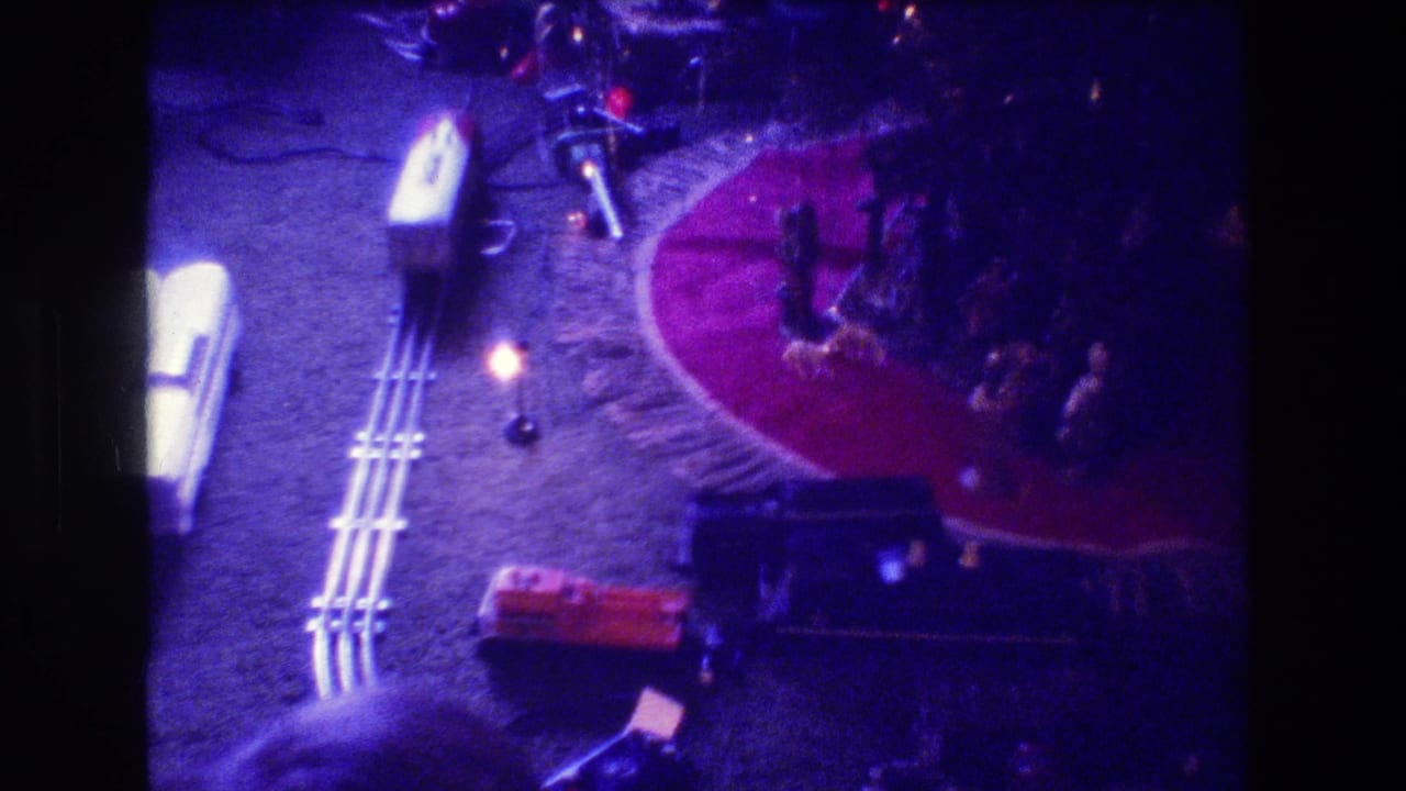 Model train layout curves around a red rug beneath a decorated Christmas tree.