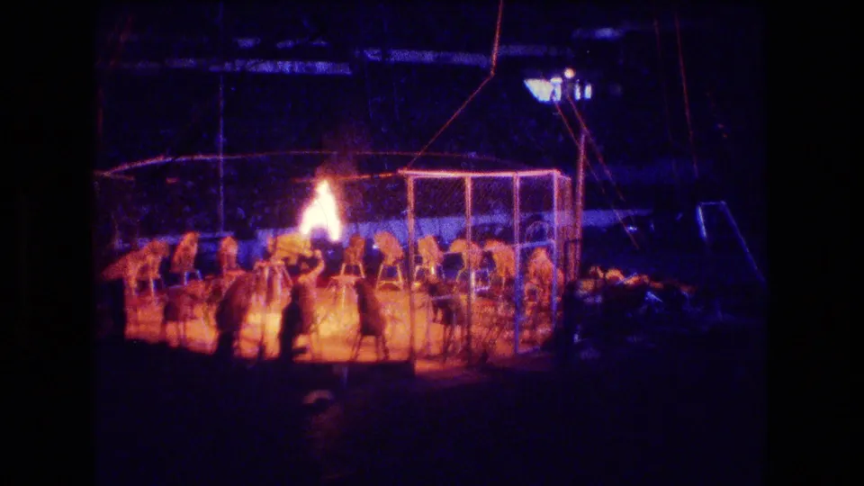 The final frame shifts from blue to warmer orange light, with a flame-like glow above the caged circus ring and distant figures around the act.