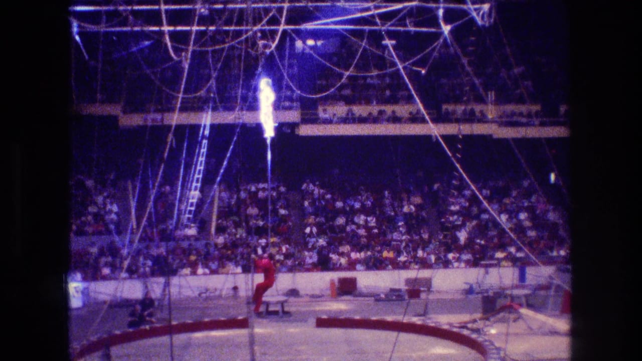 Circus ring with audience seating, rigging, ladders, and a performer in red near the floor.