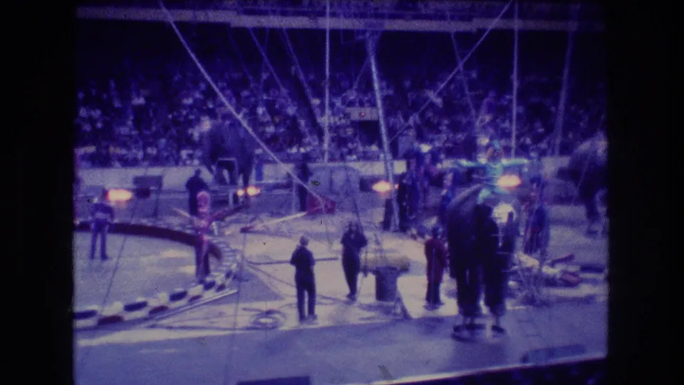 The 8mm frame shows several performers gathered in the circus ring, elephants partly visible at the edges, and a crowded spectator section in the background.