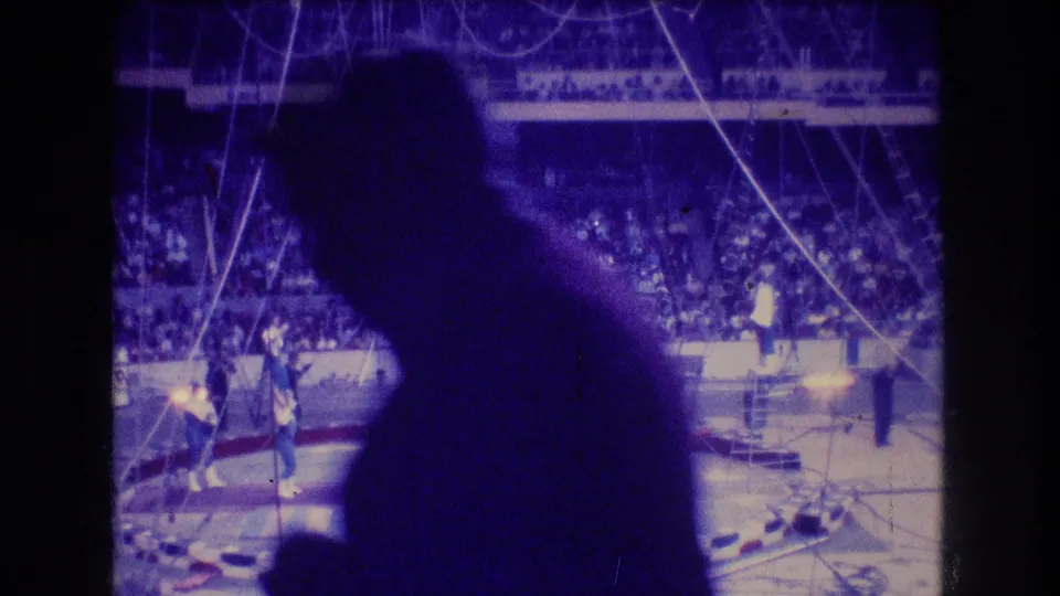 1974 Boston home-movie frame looking across a circus ring with performers under tent rigging, audience seating in back, and a large dark foreground obstruction from the filmed contact sheet.
