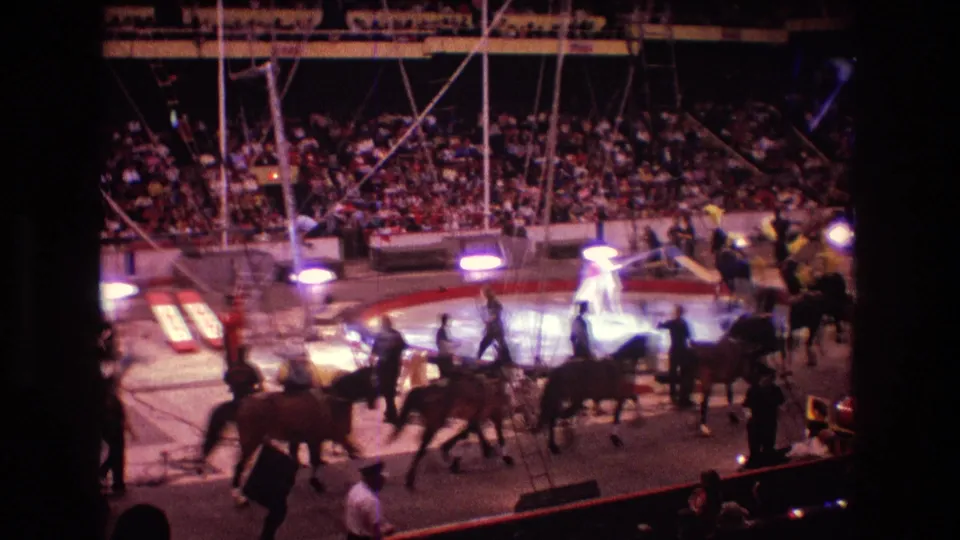 Boston 1974 8mm home-movie frame showing trained horses moving around the circus ring with handlers nearby, a brightly lit performer at center, and spectators filling the background seats.