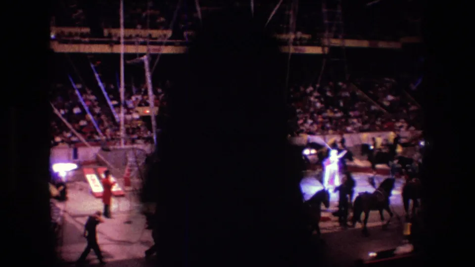 Boston 1974 8mm home-movie frame showing the circus ring from the stands, with a lit center performer, nearby horses and handlers, audience seating, and a dark foreground obstruction from the filming position.