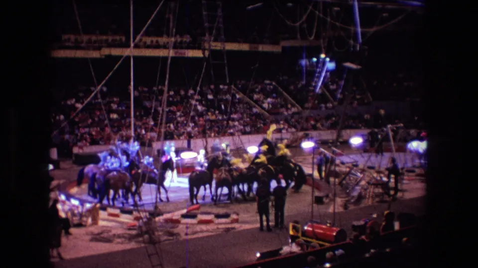 The final frame shows a clustered group of horses in the small Boston circus ring, surrounded by handlers, bright spotlights, overhead ropes, and spectators in tiered seating.