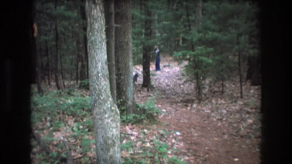 1975 Baxter, Maine 8mm frame with the person farther down the wooded trail, partly separated from the dog by tree trunks and dark viewfinder borders.