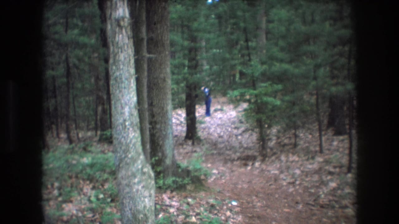 1975 Baxter, Maine 8mm frame showing a distant person in blue on a brown dirt path surrounded by tall trunks, fallen leaves, and green forest growth.
