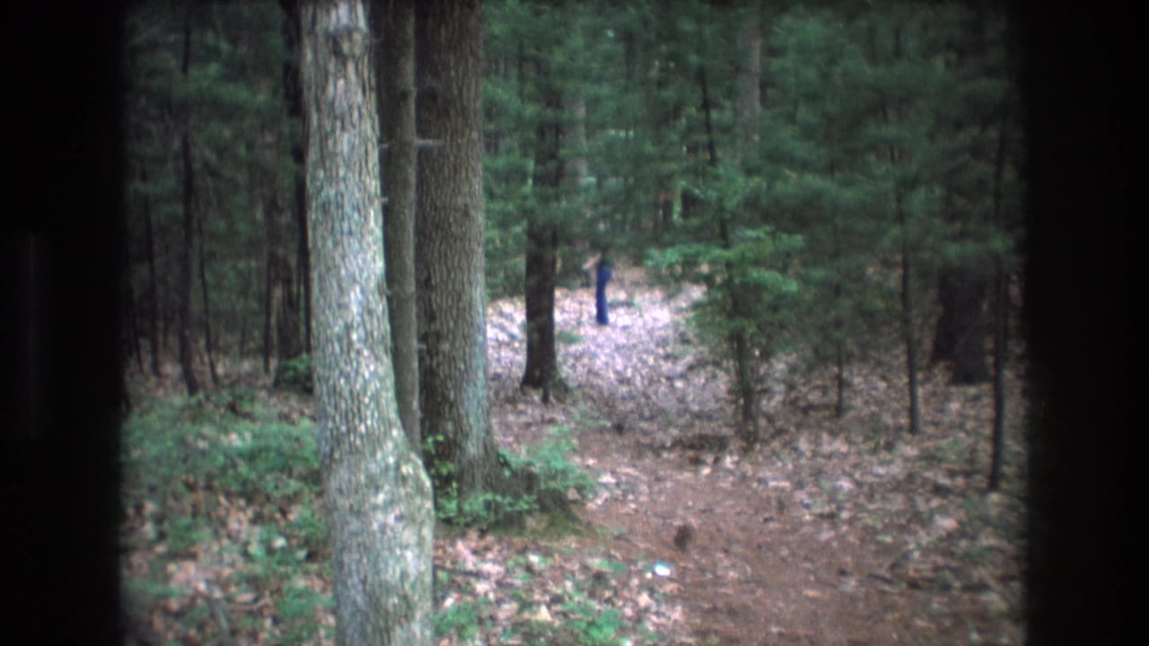 1975 Baxter, Maine 8mm frame showing a leaf-covered forest path, tall tree trunks, and a distant person in dark blue partly framed by dark vertical edges.