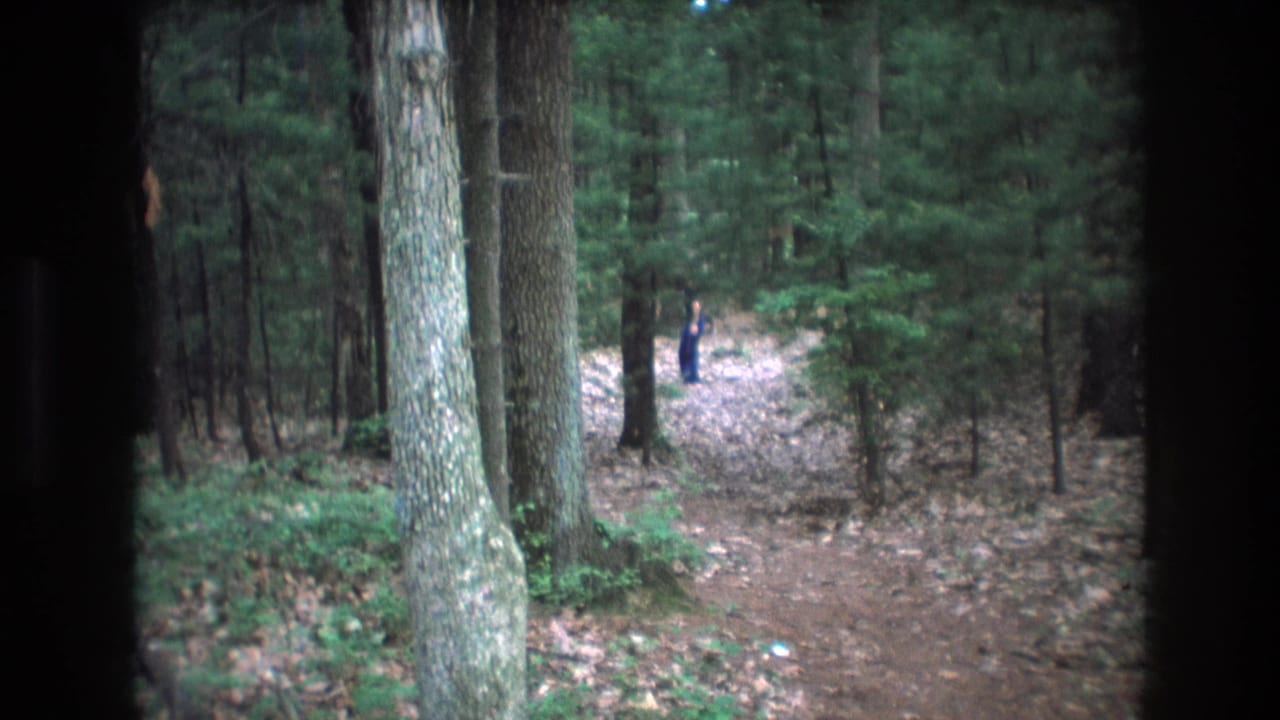 1975 Baxter, Maine 8mm frame showing a distant person on a wooded trail, with tall trunks, evergreen growth, and dark framing along the sides.