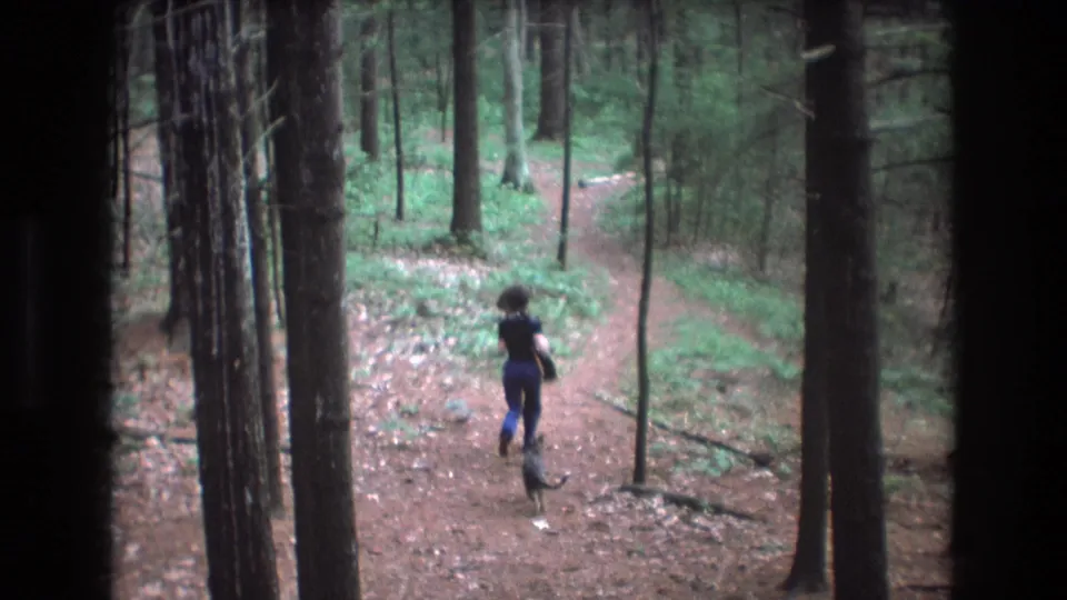 The woman moves farther away along the Baxter, Maine forest path as a small dog follows in the final 8mm frame.