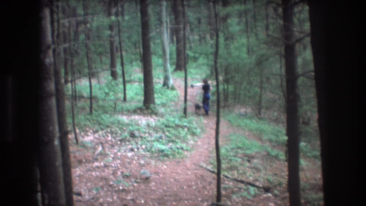 In 1975 Baxter, Maine home-movie footage, a distant person in dark clothing stands or walks on a dirt trail through dense green woods.