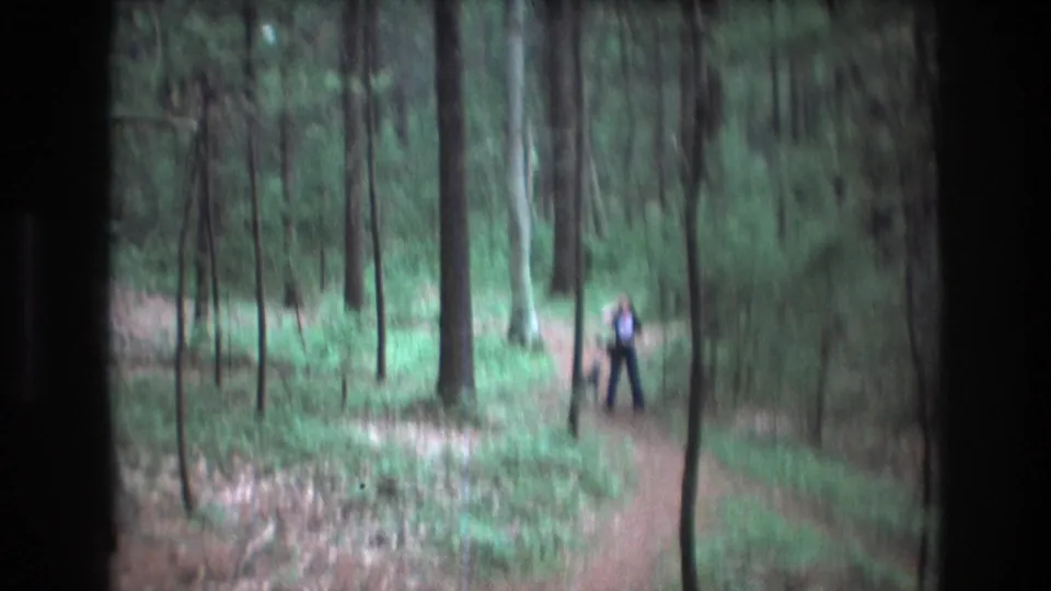The 1975 Maine woods clip shows a distant figure on a dirt trail, framed by tall trunks, leafy ground cover, and soft 8mm motion blur.
