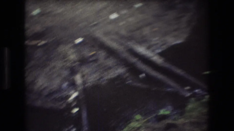 A close, motion-blurred view from the 1975 Baxter, Maine 8mm footage shows a dark dog-like body passing near wet roots, mud, and low forest growth.
