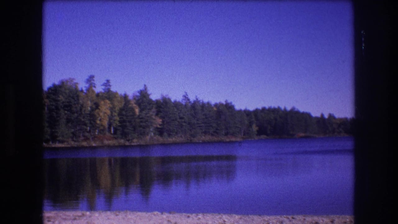 Forested shoreline reflected in a blue lake with beach visible at the bottom edge.