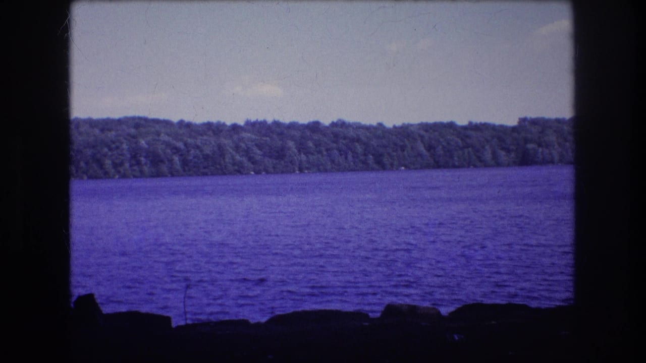 A Baxter, Maine lakeside view on 8mm film, with purple-toned water, a dense wooded shoreline, pale sky, and silhouetted tree trunks along the foreground.