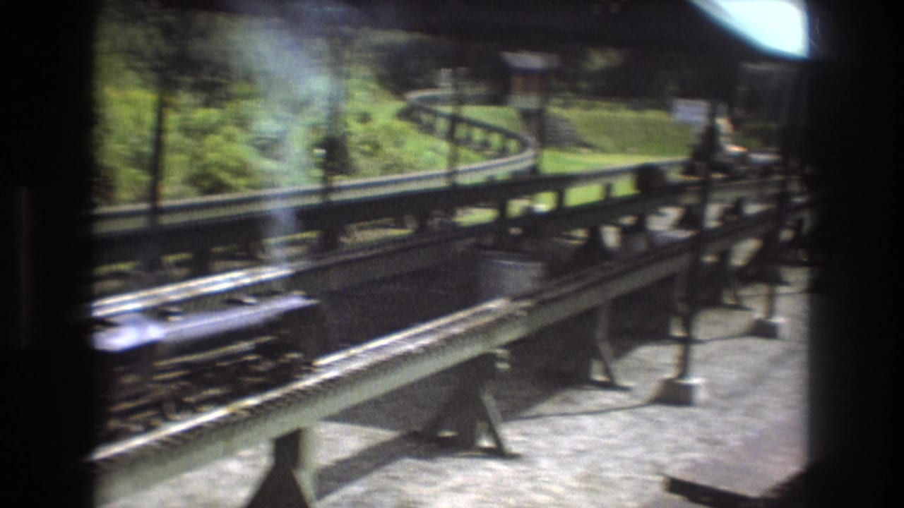 Miniature railway tracks curve through an outdoor setting with a small locomotive near the center.