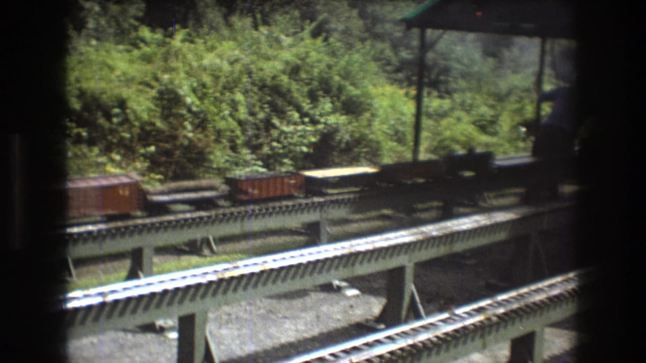 Miniature train cars move along outdoor tracks near a small shelter.