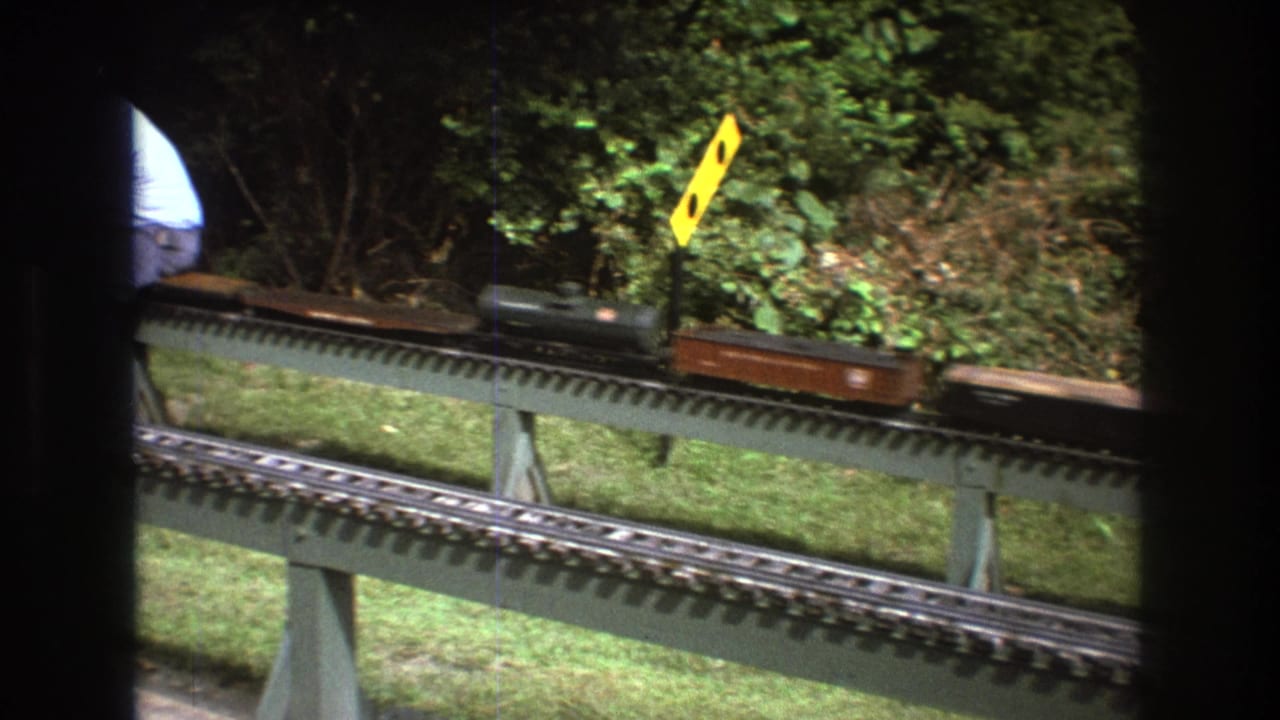 Model train cars move along raised outdoor tracks beside shrubs.