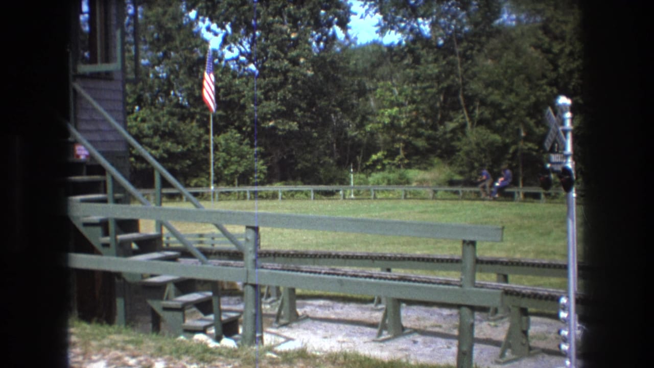 Green railings, stairs, train track, flag, and distant visitors in a grassy park.