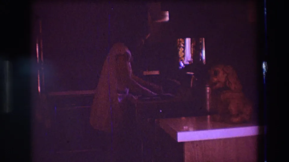 The final 8mm frame shows the woman leaning toward the sink in the private Boston kitchen, with the dog still seated on the counter under low red-purple light.